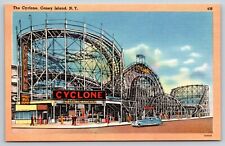The Cyclone Coney Island NY Postcard Roller Coaster Faster Than Ever Old Car picture