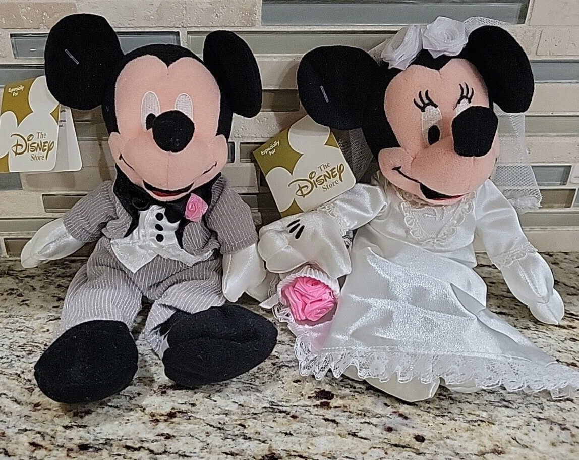 Disney Minnie Mouse and Mickey Mouse Bride & Groom Plush Mini Bean Bag 8in NWT