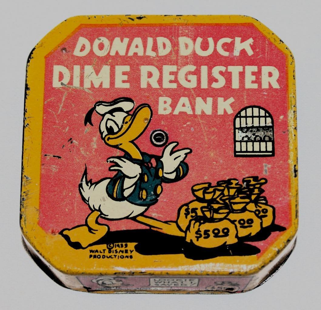 DISNEY 1939 DONALD DUCK DIME REGISTER BANK-WORKS PERFECT-HIGH GRADE BEAUTY